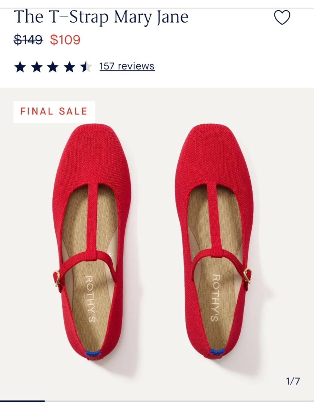 NWT Women’s Rothy’s Red T-Strap Flats (6.5)
